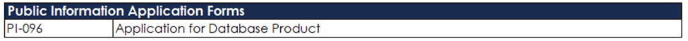A table listing the application forms for Public Information requests.